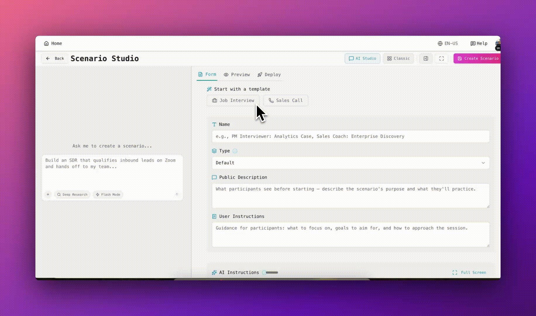 Scenario Studio — create custom AI interview scenarios